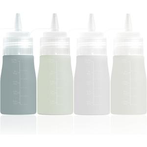 Condiment Squeeze Bottles, 12 oz Silicone Squeeze Bottles For Sauces, Leak Proof Condiment Containers with Extra Interchangeable lid, Easy Squeeze for Oil, Honey & Dressings, BPA FREE (4 Pack) (Grey)