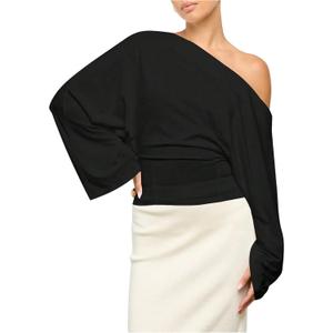 SOLY HUX Women's Off The Shoulder Tops Elegant Long Sleeve Evening Party T Shirts (Black, Large)