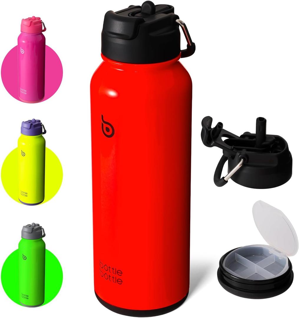 Bottle Bottle 40 Oz Sports Water Bottle Stainless Steel Insulated Water Bottle With Straw And Pills Holder (Neon Red) Bottle Bottle 40 Oz Sports Water Bottle Stainless Steel Insulated Water Bottle With Straw And Pills Holder (Neon Red)