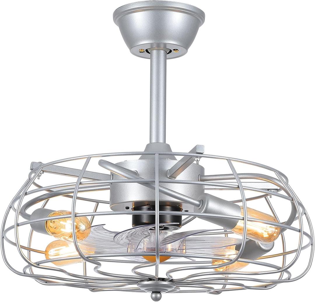 Asyko Outdoor Caged Ceiling Fans with Lights - Bladeless Low Profile Ceiling Fan Light with Remote, 19" Enclosed Ceiling Fan for Covered Outdoor (Silver)