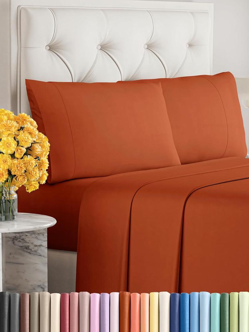 Sleepy Town Queen Size Bed Sheets - 4 Piece - Queen Sheet Set - Extra Soft, Comfy & Cooling - Easy Care - Shrinkage, Wrinkle & Fade Resistant - Brushed Microfiber - Deep Pocket Bed Sheets (Terracotta)
