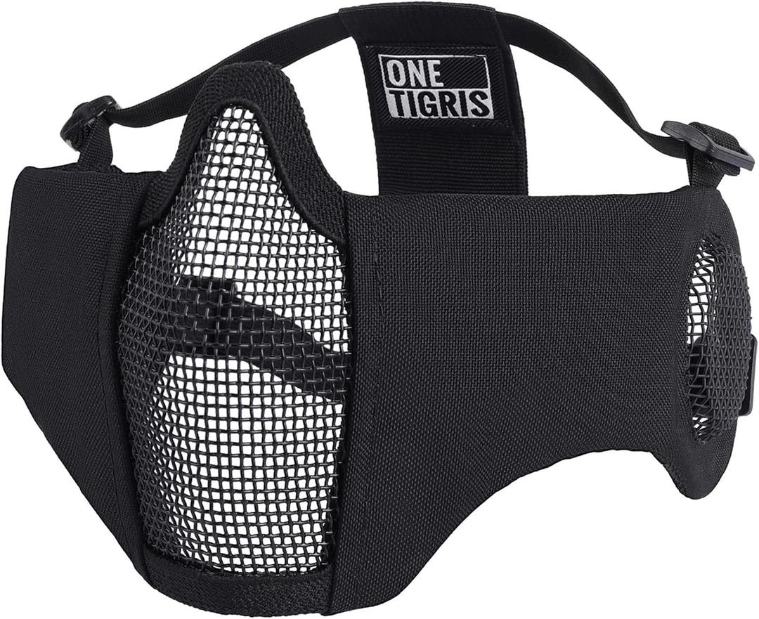 OneTigris 6" Foldable Half Face Airsoft Mesh Mask with Ear Protection, Military Tactical Lower Face Protective Mask (Black)