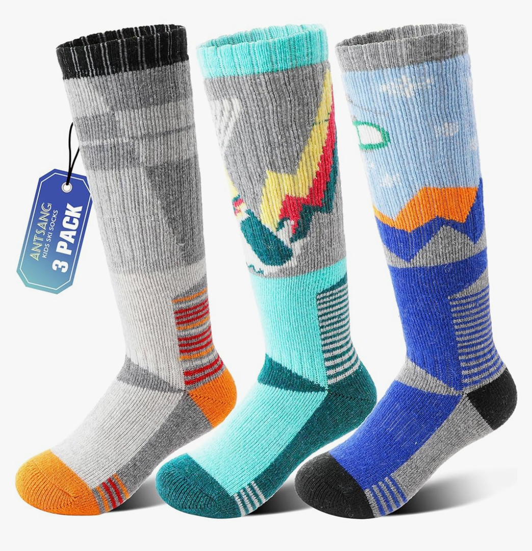 ANTSANG 3 Pairs Kids Merino Wool Ski Socks Boys Girls Thermal Thick Warm Winter Cozy Socks for Skiing Snowboarding