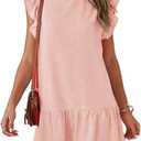 Womens Ruffle Sleeve Mini Dress Summer Casual Crewneck Flowy A Line Short Babydoll Dress with Tiered, XS