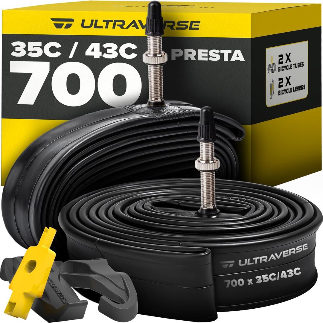 Ultraverse Bike Inner Tube for 700x23-25c, 700x28-32c, 700x35-43c 28 inch Bicycle Wheel Sizes with 48mm Presta Valve - Butyl Rubber Tubes for Road and Gravel Bikes - 2 Tubes, 2 tire levers Included