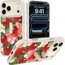 Phone Case for iPhone 17 Pro Max,White Strawberry | Finger Strap StandKickstandAnti-drop, anti-impact, 3D relief printing technology. Suitable for men women