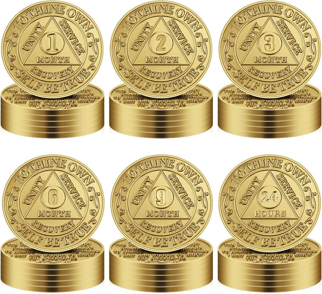 36 Pcs Recovery AA Chips and Medallions Bulk Sobriety Chips AA Tokens Aluminum Sobriety Coin Bronze Finish Alcoholics Anonymous Gifts Include 1 2 3 6 9 Month and 24 Hour Commemorative