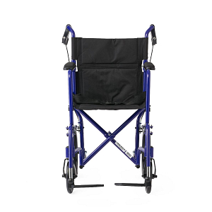 Aluminum Transport Chair with 12" Wheels, 19" Seat Width, 300 lbs. Weight Capacity, Swing-away Footrests, Full-lenth and Permanent Arms, Blue Frame with Black Upholstery