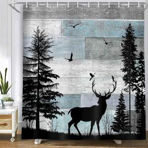 MERCHR Rustic Forest Deer Shower Curtain Cabin Farmhouse Country Lodge Bathroom Decor Polyester Fabric Bath Curtain Set with Hooks 71x71 Inches (Grey)