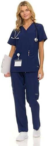 Nautica Women's Scrub Set, 9-Pocket Breathable & Stretchy Pants & Tops, Dark Blue, Medium