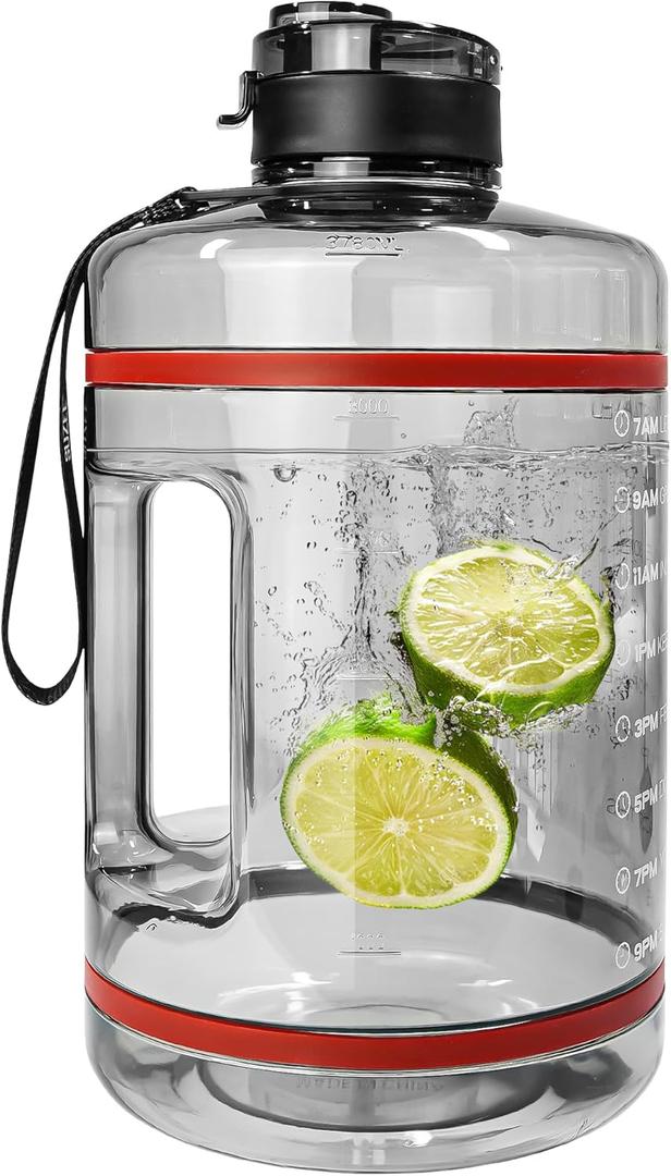 1 Gallon Water Bottle, Water Jug with Motivational Time Marker & Strap & Handle, Large-Capacity leakproof water bottles for Travel Sport Gym Outdoor Clear