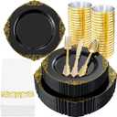 Nervure 350PCS Black Plastic Plates - Black Plastic Dinnerware Sets for 50 Guests - 100 Disposable Plates, 150 Gold Silverware, 50 Cups, 50 Napkins for Wedding & Father's Day & New Year
