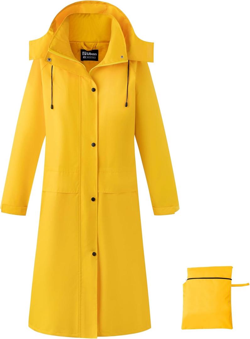 Ubon Women's Rain Coat Waterproof with Hood Long Raincoat Packable Rain Jacket Casual Windbreaker (X-Large, Yellow)