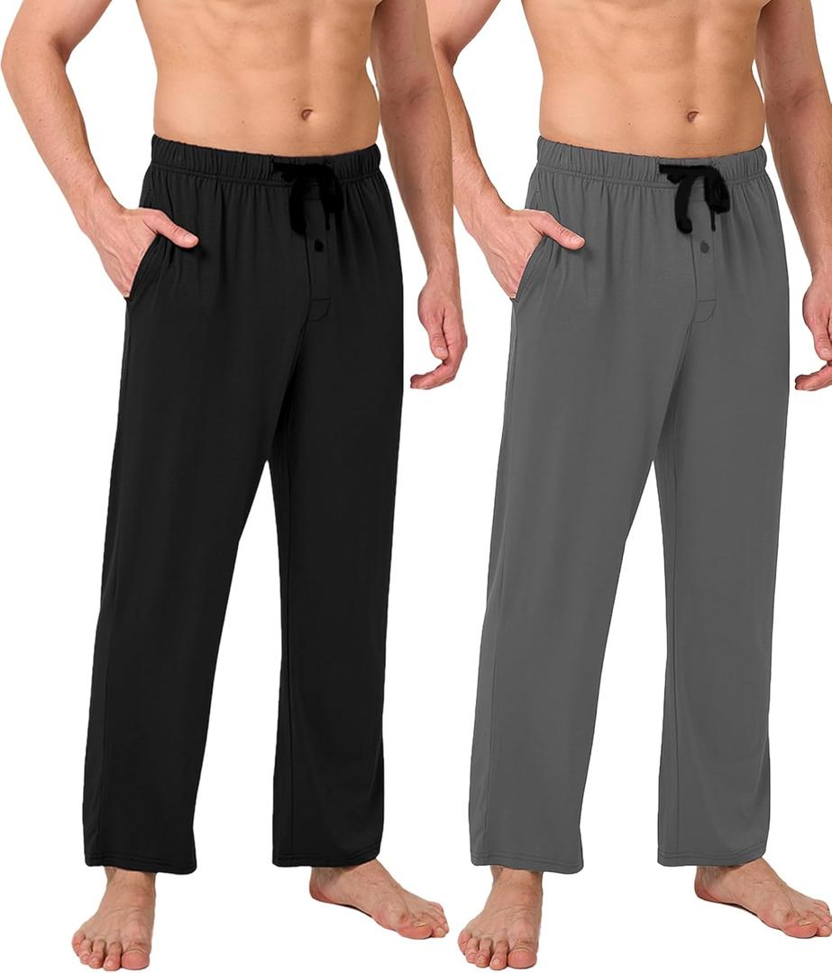 BAMBOO COOL Men's Pajamas Bottoms, Pajama Pants for Men, Lounge Sleep Pant, Pj Bottom, Soft Comfy Sleepwear with Pockets, Black, Grey(2 Pack)
