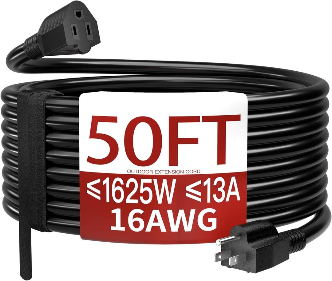 Skrizcable 16/3 50 FT Outdoor Extension Cord Waterproof, Weatherproof & Flame Retardant Black 3 Prong Power Cord Outside for Lawn & Garden, 13 Amps 1625 Watts 125 VAC 16AWG SJTW, ETL Listed