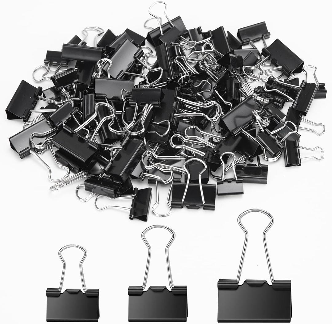 OWLKELA 100 Pcs Paper Binder Clip, Black Binder Clips, Metal Paper Clamps, Assorted Sizes, Ideal for Office, Home and School Supplies