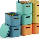 8 Pack Colorful Storage Bins with Lids for Shelves, Classroom Storage Bins, Stackable Colored Bins, Plastic Storage Containers with Lids for Organizing, Storage Boxes for Craft, Art Supplies