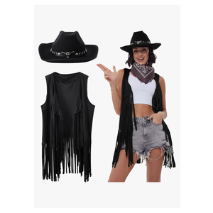 Western Outfits for Women Cowgirl Tassel Sleeveless Vest Cowboy Hat and Paisley Bandana, Size XXL