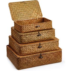 Set of 4 Seagrass Basket with Lid Wicker Storage Basket Decorative Storage Boxes with Lids Flat Storage Bins Woven Organizer Baskets for Shelf Closet Bedroom, 4 Sizes (Brown)