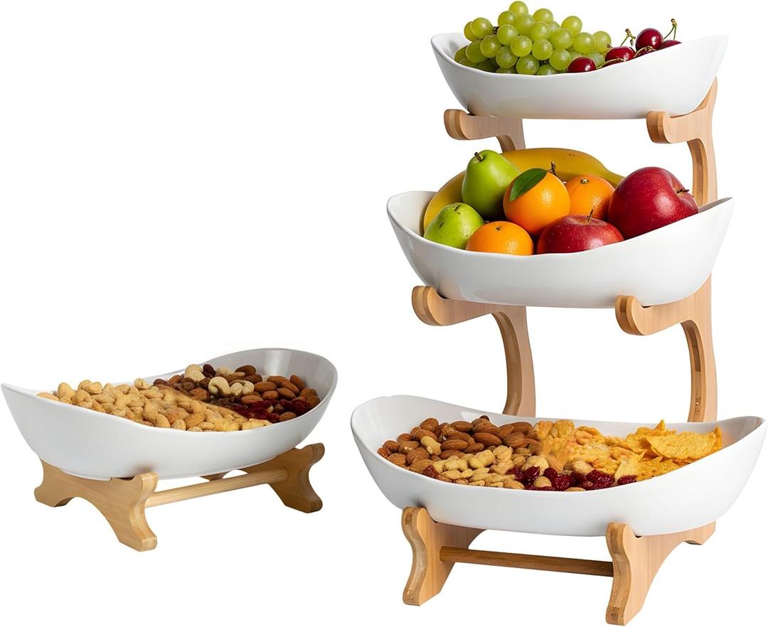 ArvalG, 3 tier fruit basket for counter, and single-tier fruit basket. Kitchen countertop organizer,bamboo frame,plastic basket.Fruit bowls for the kitchen.Fruit and vegetable storage.fruit bowl.