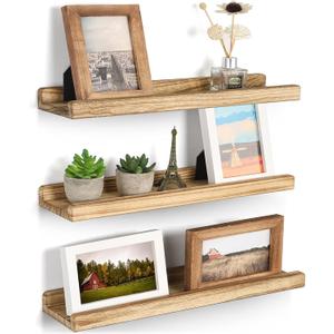 Emfogo Floating Shelves for Wall, 16.9 inch Wood Wall Shelves with Ledge, Floating Shelf Picture Ledge Set of 3 for Living Room Bedroom Kitchen Display and Storage (Rustic Brown)