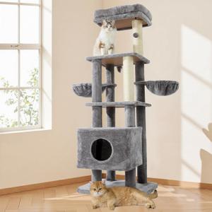 Gardner Pet 65in Heavy Duty Cat Tree Tower for Large Cats, Multi-Level Cat Furniture with Replaceable Sisal Scratching Post, Hammock | Extra-Large Platform & Condo (Grey) (Basic :2.84")