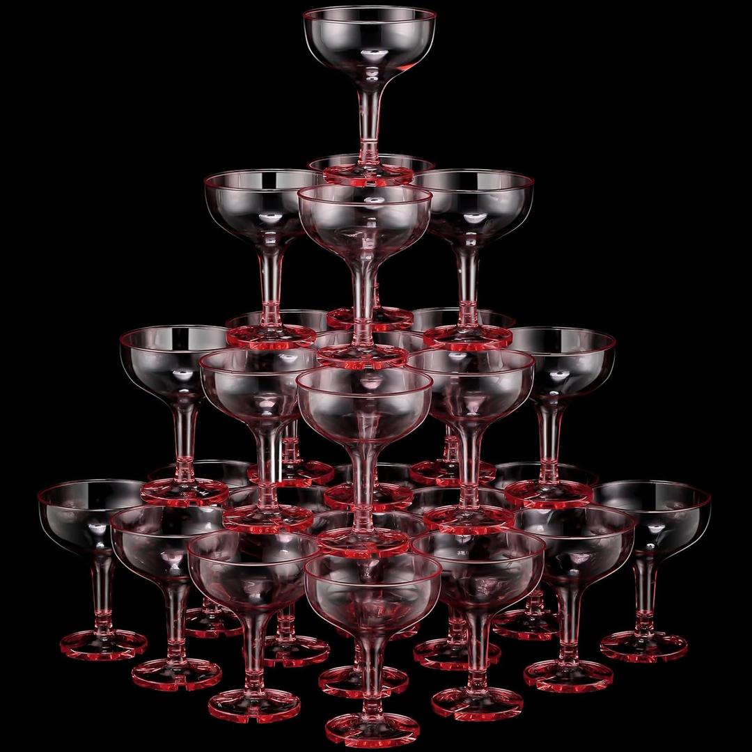 Zopeal 50 Pcs Champagne Glasses 5 oz Unbreakable Plastic Martini Glasses Disposable Wine Cups Stackable Stemmed Champagne Coupe Shatterproof Party Stem Cups for Wedding Birthday Bar (Pink)