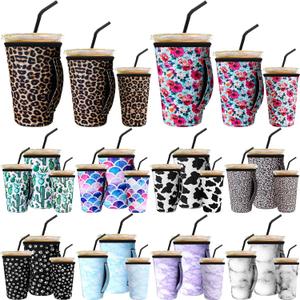 Hoolerry 30 Pcs Reusable Iced Coffee Sleeve for Cold Beverages Cups Reusable Neoprene Insulator Cup Sleeve with Handle Neoprene Holder Suitable for Hot and Cold Coffee or Ice Drink Fits 16-32oz