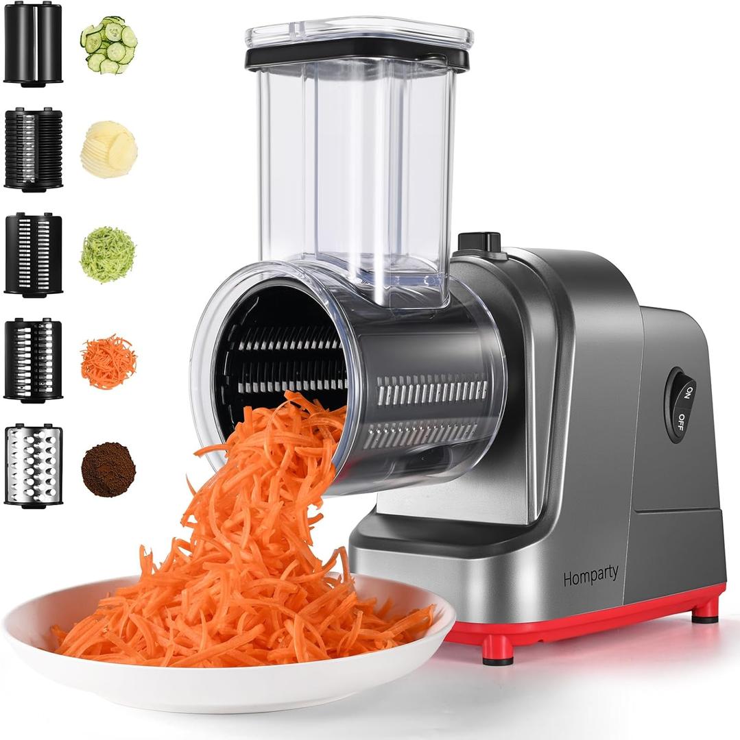 Electric Cheese Grater, Salad Maker With 5 Different Shapes of Blades, 250W Electric Slicer Shredder, Electric Salad Machine for Cheeses, Fruits and Vegetables, Silver