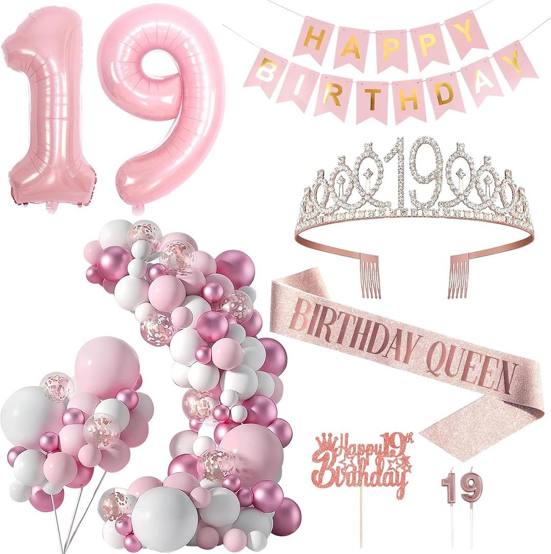 19th Birthday Decoration for Girls Pink Birthday Party Balloon Decoration Set Happy Birthday Banner Crown Birthday Strap Confetti Balloons Birthday Party (19th)