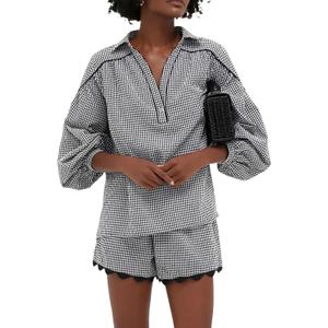 VAOYIU Two Piece Sets for Women Casual Summer Gingham Outfit Puff Sleeve Crew Neck Top Matching Shorts Set with Scalloped Hem S
