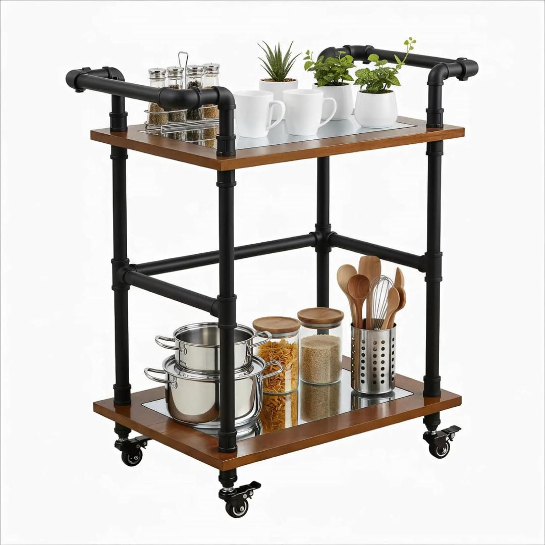 Industrial Pipe Bar Carts/Serving Carts/Kitchen Carts/Wine Rack Carts on Wheels with Shelves - Wood Rolling Carts - Wine Tea Liquor Shelves/Holder - Home Furniture (Two tiers pipe wood bar cart), 27.95 x 15.75 x 29.92 inches