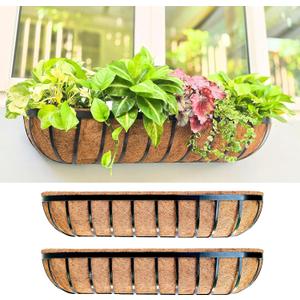 LaLaGreen Deck Railing Planter Box - 2 Pack, 36 Inch Large Wall Planters for Outdoor Plants, Window Flower Boxes Attach House with Coco Liners Metal Horse Troughs Fence Balcony Patio Porch Over Rail