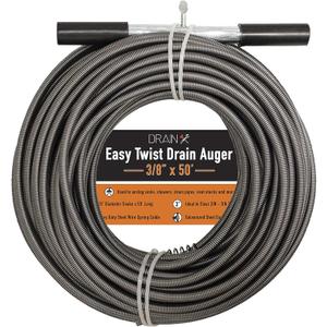 Drainx Easy Twist Drain Auger | Flexible Plumbing Cables for Cleaning Drainage Clogs Includes Storage Bag and Protective Gloves, 3/8" Diameter, 50 FT