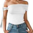 Off The Shoulder Tops for Women - Tie Shoulder Ruched Going Out Slim Fit Solid Y2K Tops White (White, L)