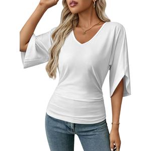 Hilinker Women V Neck Batwing Sleeve Tops Ruched Dressy Summer Business Casual Shirts Blouses XL