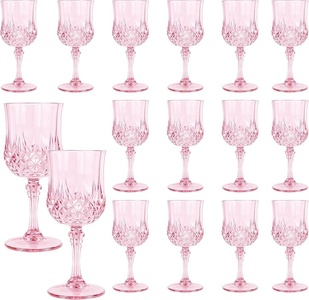 16 Pack Plastic Wine Glasses,10oz Unbreakable Vintage Style Goblets,Reusable Crystal Like Drinking Glass for Wedding Reception, Party Supplies (Pink)