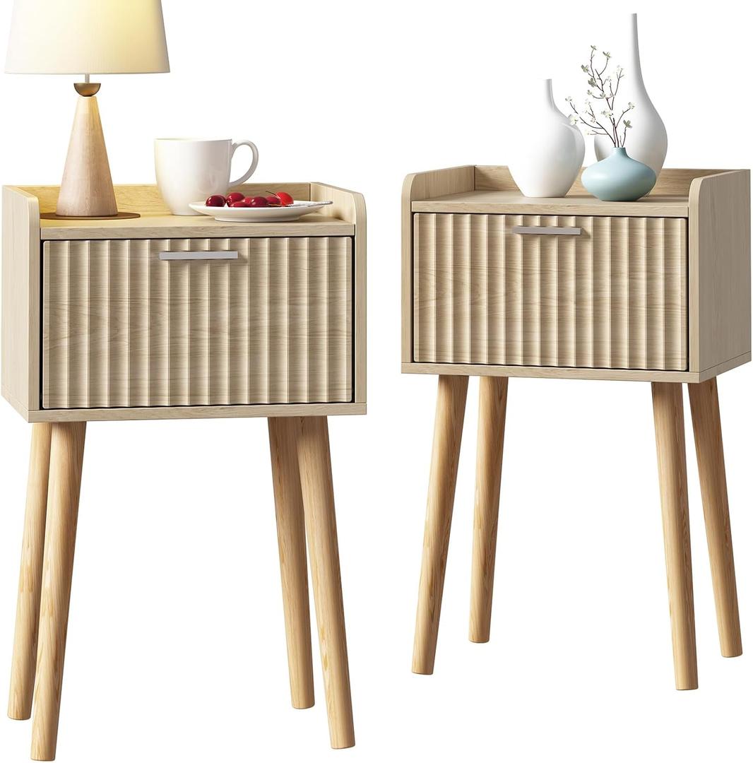 LAATOOREE Nightstand Set of 2, Small Bed Side Table with Fluted Door, End Table with Solid Wood Legs, Mid-Century Bedside Table for Bedroom Small Space (Natural)
