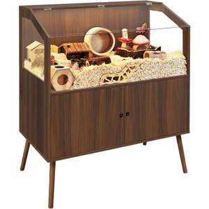 PROLEE Hamster Cage with Storage Cabinet,Large Hamster Encloure Chew Proof Wood,Clear View Hamster Habitat for Guinea Pig, Ferret, Rat, Hedgehog，47“ X 40” X 20“ (Walnut)
