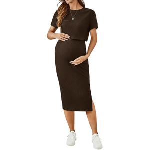 SHENHE Women's Maternity Ribbed 2 Piece Outfits Short Sleeve Crop Top Bodycon Slit Midi Skirt Set X-Large, Brown