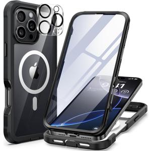 seacosmo for iPhone 16 Pro Max Case, Full Body Bumper with Built-in 9H Tempered Glass Screen and Camera Lens Protector, Compatible with MagSafe, Shockproof 16 Pro Max Phone Case, 6.9", Black