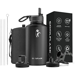 64 oz Water Bottle Insulated with Straw & 3 Lids, Coolflask Large Metal Stainless Steel Water Jug Big Half Gallon Wide Mouth for Sports, Gym or Office, Non-BPA Keep Cold 48H Hot 24H, Magic Black