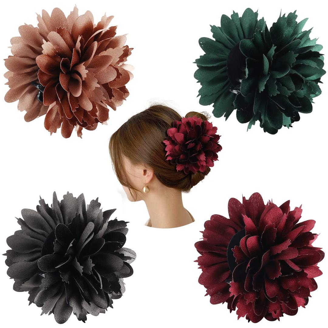 Cinaci 4 Pack Big Large Satin Rose Flower Plastic Hair Claws Clips with Bow Barrettes Clamps Bun Chignon Updo Holders Hair Accessories for Women Girls (Dark Champagne, Dark Green, Burgundy and Dark Gray)