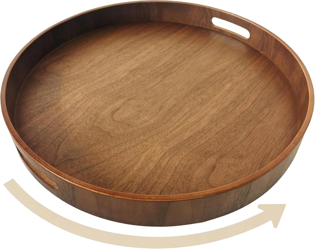 i-lan 16-inch Walnut Lazy Susan  Quiet Rotating Wooden Turntable with Dual Handles & Non-Slip Base, Kitchen Dining Organizer and Gift for Housewarming Special Occasions