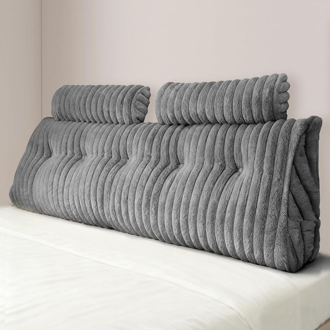 Headboard Pillow Queen, Faux Fur Wedge Pillow Headboard for Bed Sitting Up,Back Support Pillows for Reading, Working with 2 Pack Neck Bloster Pillows (Grey, Queen:59x8x20 Inches)