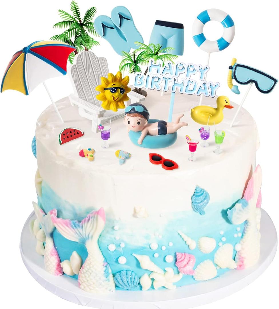 Junkin 21 Pcs Beach Cake Decorations Summer Pool Cake Topper Summer Birthday Decorations Coconut Tree Chair Umbrella Watermelon Sun for Pool Beach Party Birthday Supplies(Boy)