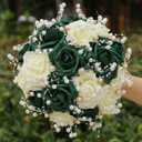 Round Green Ivory Artificial PE Rose Bouquet with Pearl and Rhinestone for Bridal Toss and Bridesmaids Suit for Wedding Party