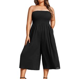 Pinup Fashion Plus Size Jumpsuits Women Black Cover Ups Swimwear Casual Off Shoulder Strapless Wide Leg Smocked Romper with Pockets, size 16W