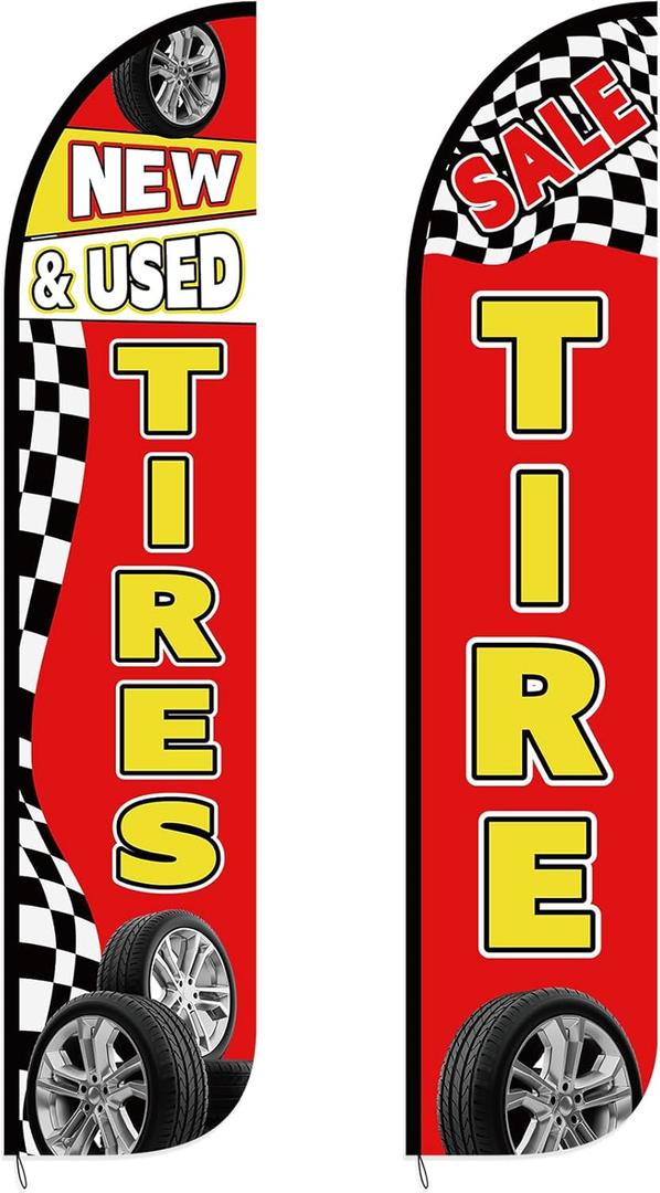 HunnmingRe 2 Pack 12 Feet Tire Sale King Flags New and Use Tires Shop Feather Flags for Businesses Highly Visible Weatherproof Polyester Banner Sale Advertising Sign No Flagpole Include(Fashionable)