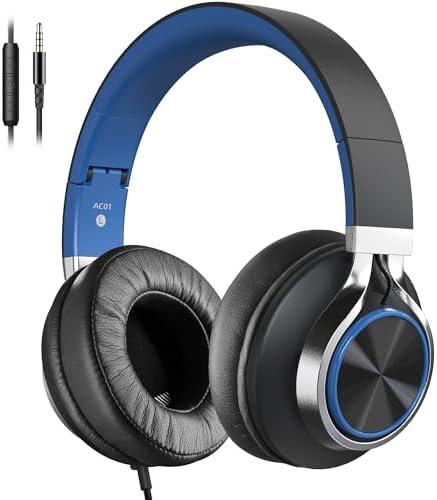COOSII AC01 Over-Ear Headphones Wired, Passive Noise Isolating Corded Stereo Headsets with Mic Volume Control for Adults Teens 3.5mm for Chromebooks, Laptop, Computer, Tablets, Travel (Black Blue)